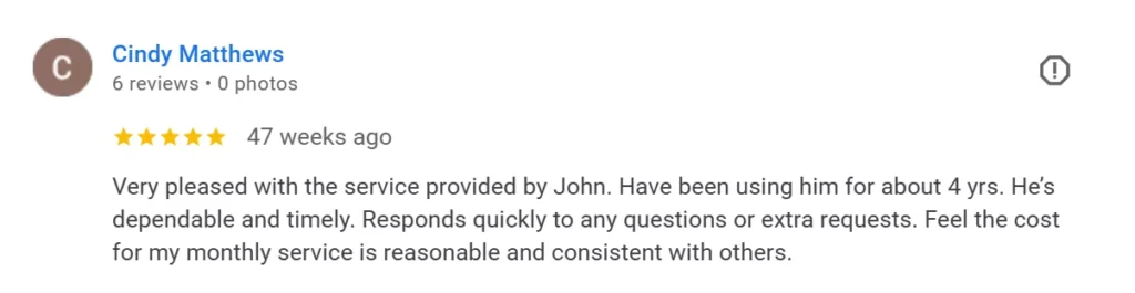 5-star Google review for Dawsonville Lawn Pros from customer Cindy Matthews praising dependable lawn care service, quick response, and reasonable pricing over 4 years