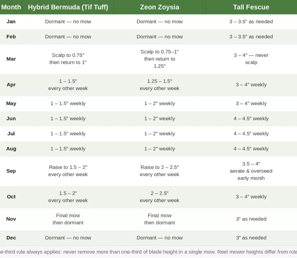 Recommended mowing heights by month for Dawsonville, GA, showing inch-by-inch height guidance for Common Bermuda, Hybrid Bermuda Tif Tuff, Zeon Zoysia, and Tall Fescue from January through December